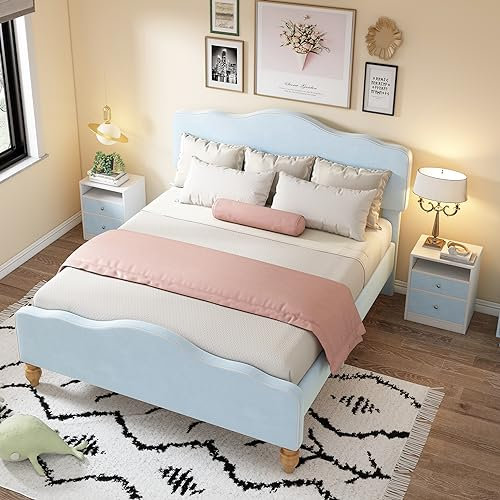 Kehun Polsterbett Doppelbett 140x200 mit 2 Stauraum Nachttisch Schubladen, Modernes Bett mit wellenförmigem Kopfteil und Fußteil, Bett Bettgestell mit Lattenrost aus Holz, Samt, Blau, Ohne Matratze.