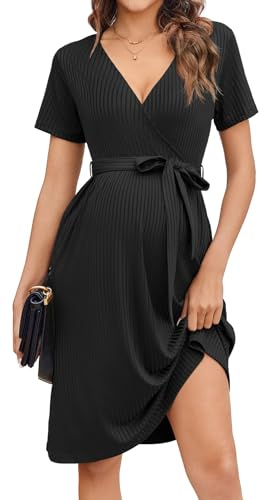 Ekoauer Women Matenrnity Bodycon Dress Short Sleeve Nursing Dresses Stretchy Soft Ribbed Loungewear Fashion Breastfeeding Dresses Black S