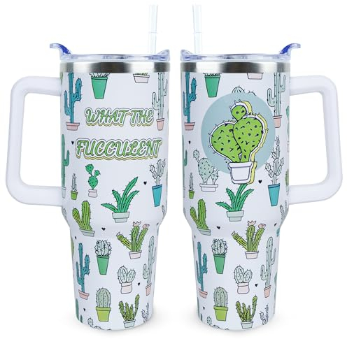 Xchearser Süßer Kaktus-Becher mit Griff und Strohhalm, isolierter Becher aus Edelstahl mit Deckel und Strohhalm, Reisebecher, Wasserflasche, Geschenke für Frauen, 1,2 l