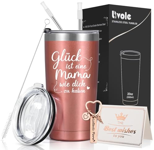 Livole Mama Geschenk, Karte Muttertag, Schlüsselanhänger, Geburtstagsgeschenk Geschenke für Mama, Mutter, Mütter, Lustige Mama Tasse, Weihnachtsgeschenke, 600ml Kaffeebecher to go, 20oz Camping Becher