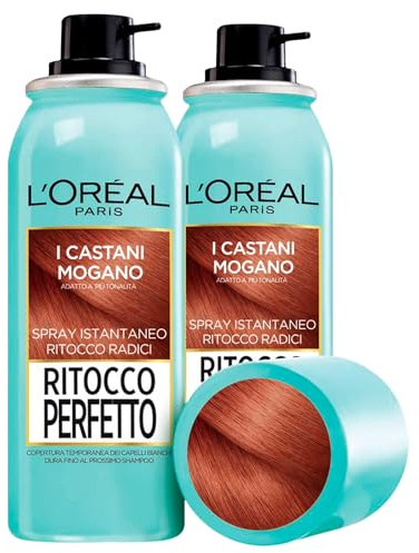 L'Oréal Paris Retuschieren Perfektes Sofort-Spray für weißes Haar, vorübergehende Abdeckung der Wurzeln, schnell trocknend, Farbe 6 Mahagonibraun - 2 Flaschen à 75 ml