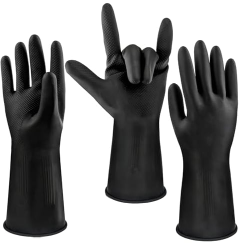 Discoball 3 Pairs Thickened Reusable Rubber Gloves, Large - Non-Slip, Black, Long-Cuffed, Household Waterproof for Dishwashing, Kitchen Cleaning, Gardening & Heavy Duty Rubber Gloves
