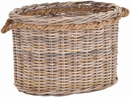 Korb-Outlet Großer Pflanzkorb Holzkorb oval Grau Natur Rattan mit Seilrand/Übertopf aus Rattan (Oval XL 60cm)