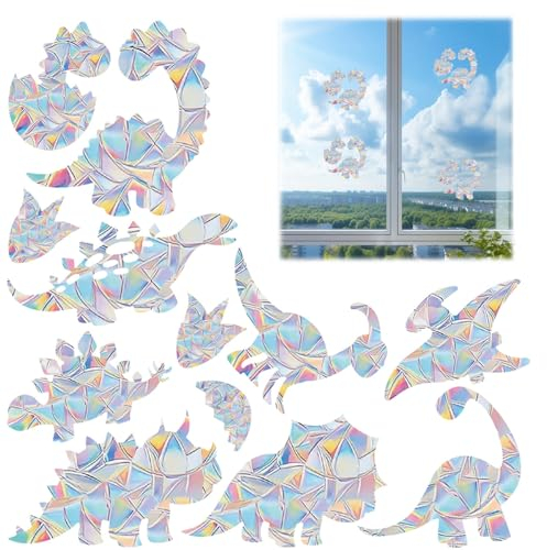 YANINEE 24 Stück 11 Stile Dinosaurier Suncatcher Sticker, Prisma Fensteraufkleber, Regenbogen Folie Fenster Verhindern Für Vogelschläge