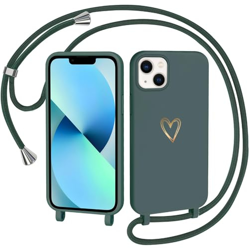 CaseLover Handyband kompatibel mit iPhone 13 Hülle mit Band, Herz Muster Silikon Necklace Handyhülle mit Abnehmbar Kordel zum Umhängen Stossfest Bumper Handy Schutzhülle für iPhone 13 6.1, Grün
