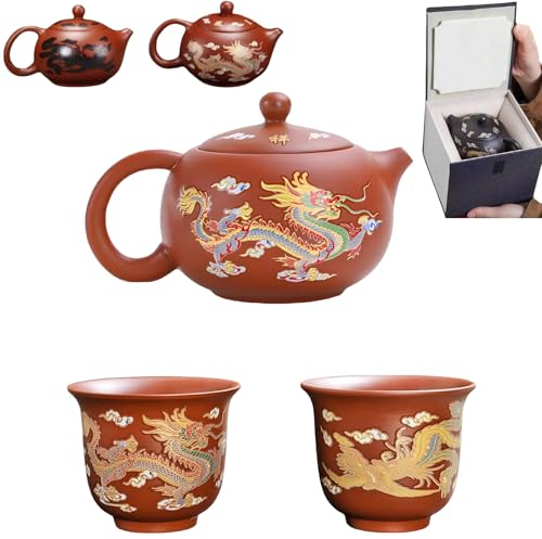 2024 Neue handgefertigte Teekanne mit Drachen und Phönix, farbwechselnd, Violett, Ton, Zisha-Teeset, Wasserkocher, Kung-Fu-Teekanne, Teeliebhaber-Geschenk (Rot, 1 Kanne 2 Tassen)