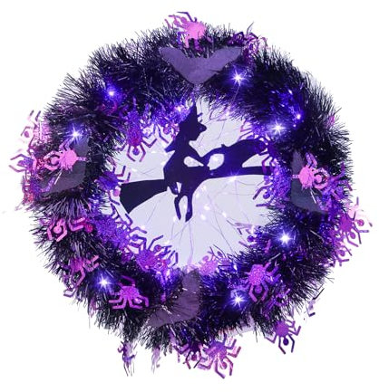 EDWINENE Halloween Witch Wreath With Lights, 16 Inch Witch Wreath Halloween Decorations for Indoor Outdoor Wall Hanging Halloween Decorations (Witch Wreath with Light)