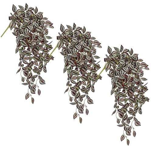 Arborus 3PCS Artificial Hanging Plants 22.4 Artificial Trailing Plants Indoor Faux Hanging Tradescantia Zebrina Purple Bush Artificial Hanging Foliage Stems for Home Room Wall Shelf Porch