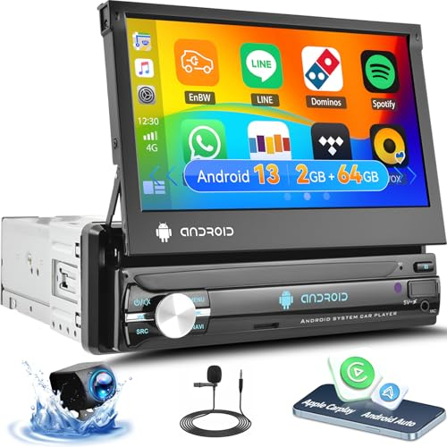 CAMECHO 2G+64G Android 1 DIN Radio Coche Pantalla Extraible con Bluetooth Manos Libres, Pantalla Extraible Táctil de 7 Pulgadas con Mirror Link GPS WiFi FM/RDS USB/AUX + Cámara de visión Trasera
