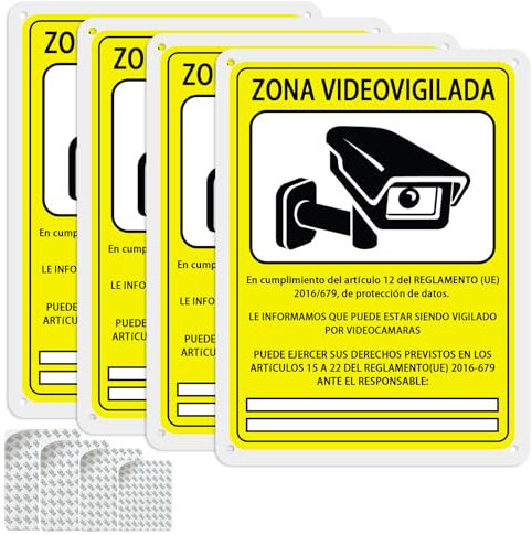 Amlope 4 PCS Señal Zona Videovigilada 15 x 20cm Cámaras Videovigilancia Señales de Vigilancia Aluminio Señales de Propiedad Privada Cartel Zona Videovigilada con Autoadhesivo Interior/Exterior