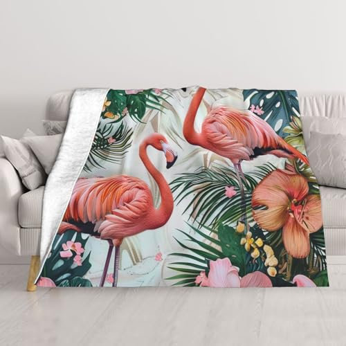 JKSEEPYN Doppelschichtige Decke mit Flamingo-Blumen bedruckt, Bettdecke, Sofadecke, multifunktional, weiche und warme Decke, wendbar, ultrafeine Faserdecke