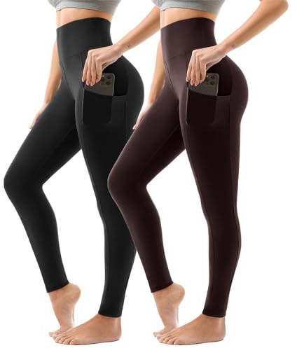 Sanpetix Sport Leggings Damen High Waist, Sporthose Damen Lang Mit Taschen Für Gym Yoga 2er Pack XXL Schwarz/Kaffee