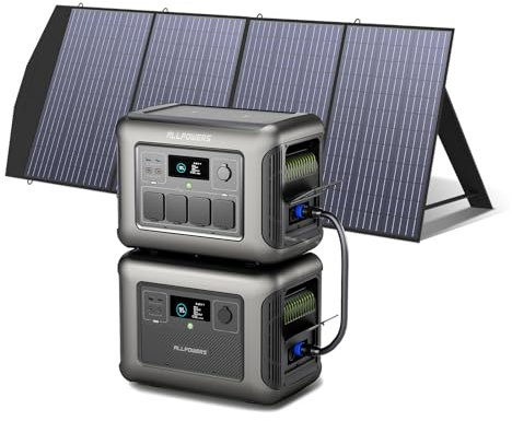 ALLPOWERS Tragbare Powerstation R1500 mit Zusatzakku B1000 mit SP033 200W Solarpanel, Kapazität von 1152Wh auf 2304Wh LiFePO4 Batterie, 1800W Ausgang Solargenerator für Notfälle, Camping, Wohnmobil