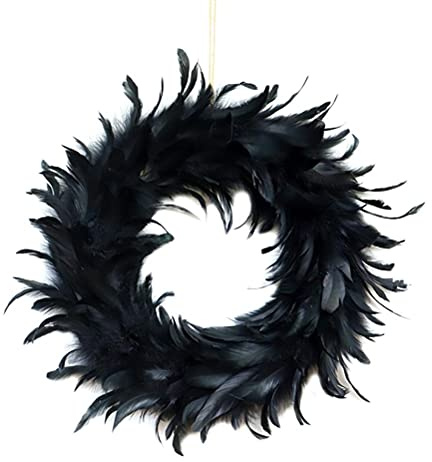 Halloween-Kranz für Haustür, Halloween-Kranz mit schwarzen Rabenfedern, Türkranz mit schwarzen Rosen und Raben, schwarze Halloween-Kränze für