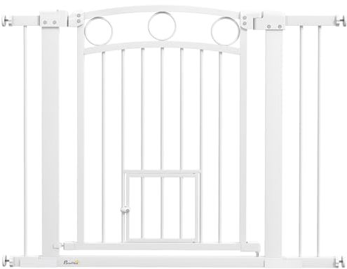 PawHut Stair Gate with Cat Door, Adjustable Width, 76-104cm and 77cm Tall