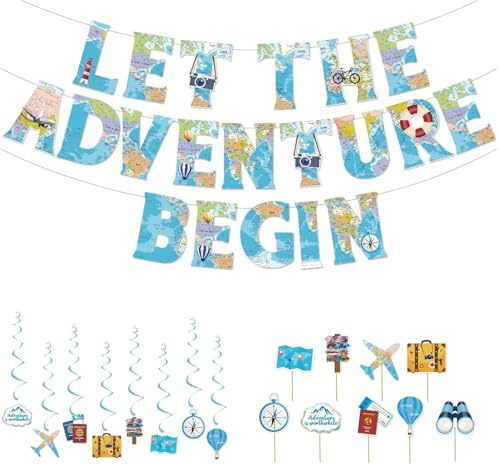 20 Stück Partydekorationen mit Aufschrift Let the Adventure Begin, Banner und Reise-Themen-Zubehör für Abschiedspartys und Ausgehfeiern