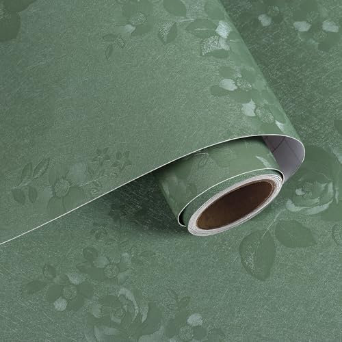VaryPaper Peel and Stick Green Rose Wallpaper 40cmx200cm Embossed Flower Contact Paper Sticky Back Plastic Patterned Wall Paper for Living Room Hallway Cupboards Vinyl Wrap for Furniture Shelf Liner