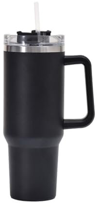 CH HIUBIE 40 oz Thermal Mug with Straw and Handle, 1180 ml Double-Walled Stainless Steel Hot Cold Drinks Vacuum Drinking Cup, Coffee Mug for Home Travel (Black, Millilitres, 1180 ml)