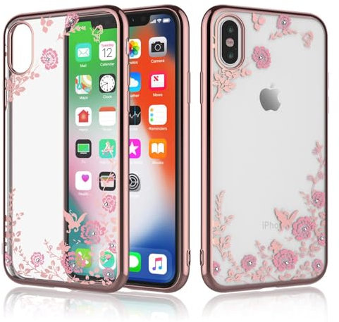 Case for iPhone XS Max Transparent Gel Soft TPU Silicone Gel with flower Chrome Frame Cover for Apple iPhone XS Max