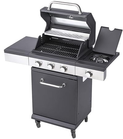 BBQ Kingdom 3+1 Burner Gas BBQ Grill with Side Burner, Stainless Steel, Side Table, Warming Rack, Storage Cabinet, Removable Grease Tray, Matte Black, Wheeled, Cover and Adaptor, Garden Barbecue