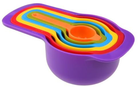 PARENCE.- Lot de 6 Tasses et Cuillères Doseuses Colorées – Mesures Précises de 7,5 ml à 250 ml – Cuillères de Cuisine Empilables pour Pâtisserie, Cuisine, Café, Thé, Épices