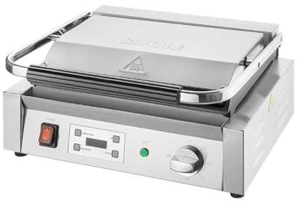 Buffalo Extra Large Commercial Contact Grill, Ribbed and Flat Plate | Delivers rapid, even heat distribution across commercial cast iron plates built for heavy-duty daily cooking.