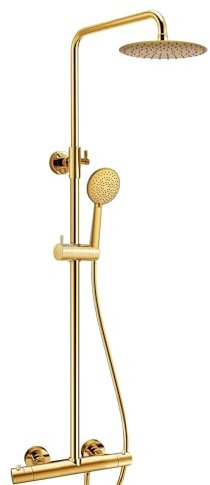 Thermostatic Shower Mixer Set, Round Rainfall Shower Head with Adjustable Riser Rail, Mixer Shower Bar for Bathrooms, Brass Constructed (Brass)