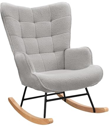 TIMORWTF - Sedia a dondolo/poltrona da allattamento in velluto Teddy con gambe in legno massello, per soggiorno, camera da letto, balcone (grigio chiaro)