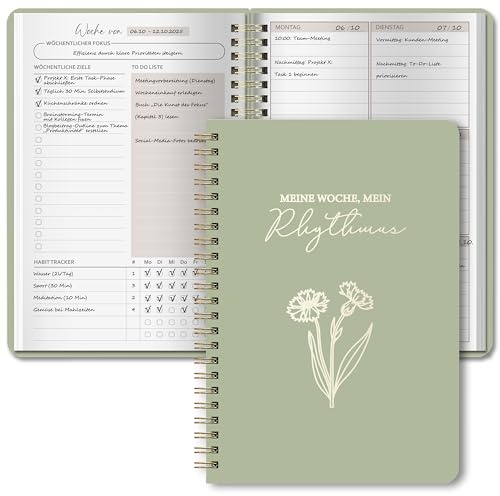 BIROYAL Undatierter Wochenplaner | Terminplaner A5 | Weekly Planner mit To-Do-Liste, großem Notizfeld | wöchentlicher Terminkalender | 52 Blatt Wochenplan auf Deutsch Ringbuch mit Hardcover