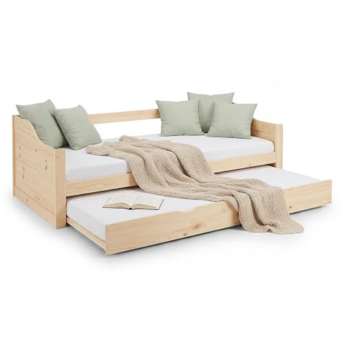 Homestyle4u Kinderbett 90x200 mit Ausziehbett, 2 Matratzen & Lattenrost | Massivholz Kiefer natur, einfacher Aufbau, stabile Konstruktion mit Bettfüßen