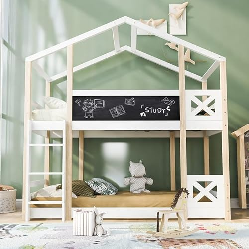 PLLBIKK Kinderbett 90×200, Baumhaus Hochbett mit Leiter, Spielbett aus Holz mit 2X Lattenrost, Jugendbett für Kinderzimmer, Ohne Matratze (Natur & Weiß, 90×200)