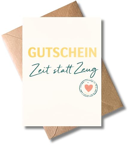 WBdesignz Gutschein-Karte „Zeit statt Zeug“ mit Umschlag - süße Gutscheinkarte für Geburtstag, als Überraschung oder als Geschenk - Frauen und Männer - Momente schenken (DIN A6)