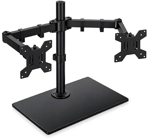 Futura Freestanding Dual Monitor Stand, 13–32 Inch, VESA 100x100, 8kg Each | Two 13–32 inch screens up to 8kg each, VESA 75x75/100x100, 420mm height, 90° tilt, 180° swivel, 360° rotation, glass base.