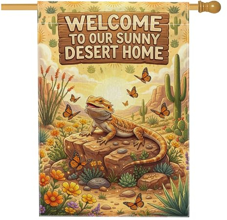 Bandera de casa de lagarto, desierto, naturaleza, mariposa, cactus, verano, amarillo, arpillera de doble cara, banderas decorativas para porche exterior para patio, césped, patio, entrada, entrada, 28