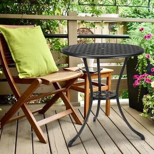 GarveeMore Wetterfester 60cm runder Bistro-Gartentisch aus Aluminium | Langlebiger Outdoor-Tisch mit 2 Zoll Schirmloch, ideal für Terrasse, Balkon, Garten – Elegant & kompakt – Schwarz