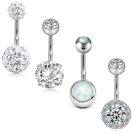FECTAS 4er 316L Chirurgenstahl Bauchnabelpiercing Barbell Set 14 Gauge 10mm Bar Zirkonia Piercing Bauchnabel Schmuck