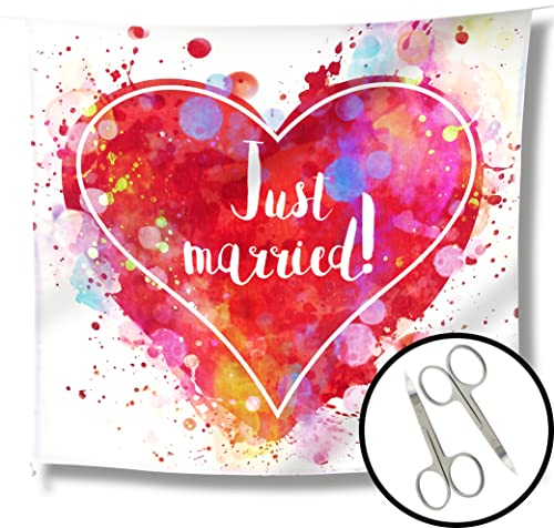 WeddingTree Hochzeitsherz zum Ausschneiden für das Brautpaar und 2 Scheren - Hochzeitsherz zum Ausschneiden Just Married - Laken Hochzeit - Spiel für das Brautpaar - Hochzeitsherz ausschneiden