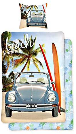 VW Käfer Bettwäsche 135x200 cm Baumwolle | VW Wendebettwäsche-Set mit Reißverschluss | Öko-Tex Standard 100 Deutsche Standardgröße