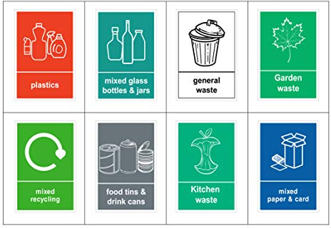 Mixed Pack of 8 Multi Recycling Bin Sticker - Bin Labels Food Plastics Mixed Paper & Card Mixed Glass General Waste Kitchen Waste Garden waste 8 decals (A6 - 150mm x 100mm) V1083 Sara Prints