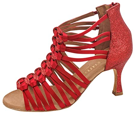 Rummos Damen Tanzschuhe Bachata 01 049-135 - Obermaterial: Satin - Farbe: Rot - Weite: Normal - Absatz: 60R Flare - Größe: EUR 38,5