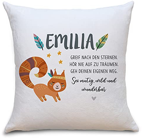OWLBOOK Eichhörnchen Boho Flauschiges Kissen mit Füllung Personalisiert mit Namen Geschenke Geschenkideen für Mädchen zum Geburtstag Geburt Baby Kind