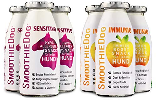 SmoothieDog Hundesmoothie 6er Mix - je 3X: Immunio (Rind), Sensitivo (Pferd) - Flüssiges Hundeleckerli - Zucker- & glutenfrei - je 250ml