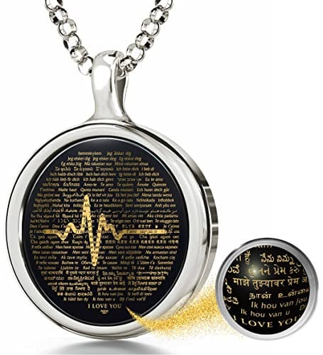 NanoStyle 925 Sterling Silver Over 100 Languages I Love You Necklace for Women Heartbeat Pendant 24ct Gold Inscribed Tiny Text on Anniversary Black Onyx Gemstone for Wife, 18 Rolo Chain
