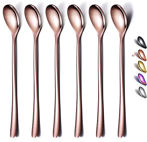 Kupfer-Löffel mit langem Griff, Kaffee-Rührstäbchen, Premium-Edelstahl, Eisteelöffel, Eislöffel, Cocktail-Rührlöffel, 6er-Set (Roségold)