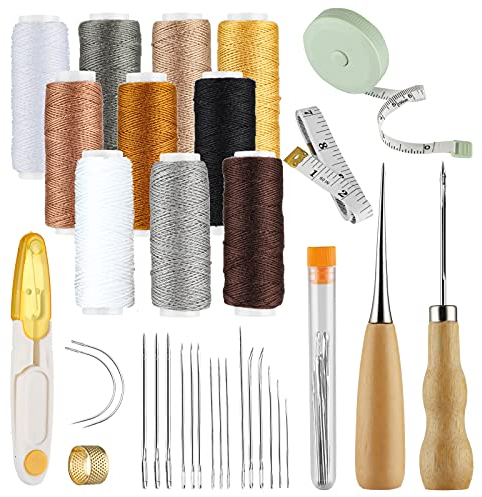 32 Pcs Leather Craft Sewing Tools Kit, Upholstery Repair Kit, DIY Leather Hand Stitching Tool Kit, Embroidery Kit with Leather Waxed Thread Leather Needles Drilling Awl for Sewing Leather and Canvas