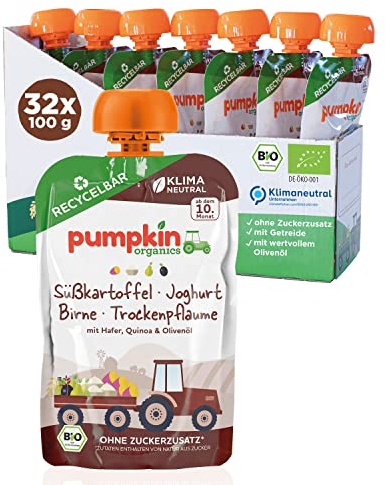 Bio Quetschie Süßkartoffel, Joghurt, Birne, Trockenpflaume, Hafer, Quinoa, Olivenöl - Gemüsepüree, Fruchtmus und Getreide für Babys ab dem 10. Monat. Recycelbarer Quetschbeutel, 32er Pack (32x100g)