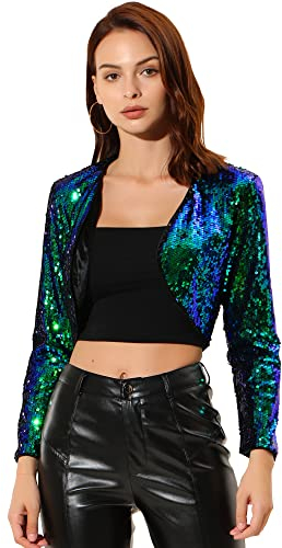 Allegra K Damen Glitzer Blazer Festliche Langarm Offen Pailletten Crop Jacke Grün S