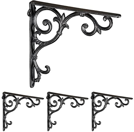 4 x Regalwinkel antik, Regalträger Gusseisen, Barocke Ornamente, Winkel für Regale, Vintage, Regalhalterung, schwarz