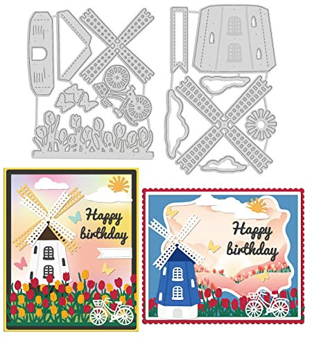 INFUNLY Windmühlen-Stanzschablone für Kartenherstellung, Bauernhaus-Stil, Tulpen und Blumen, Prägeschablone für Scrapbooking, Papierbastelalbum, Briefmarken, DIY-Dekoration