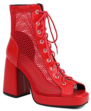 Omeslike Sandali Casual da Donna in Maglia Estiva, Stivali Corti a Punta Aperta, Stivaletti con Tacco Grosso, Stivali da Donna da Ballo alla Moda,Rosso,46